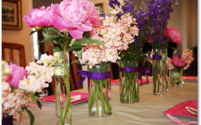 DIY Bridal Shower Flowers featuring Peonies, Larkspur, and Stock