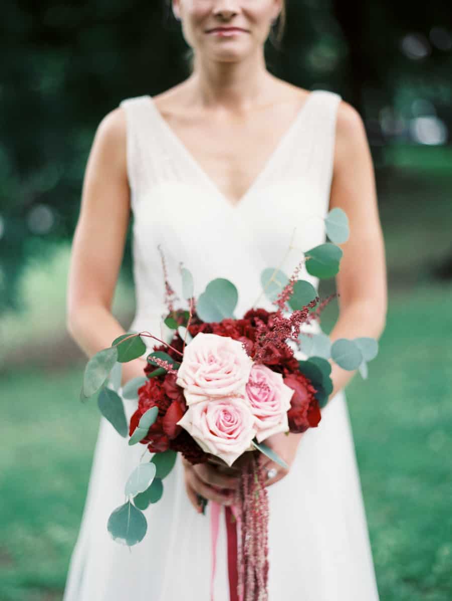 red peony and pink garden rose bouquet