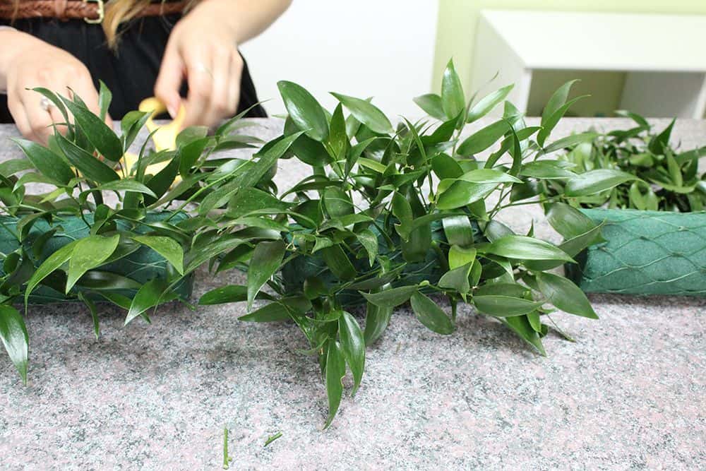 Continuing to add greens to floral foam