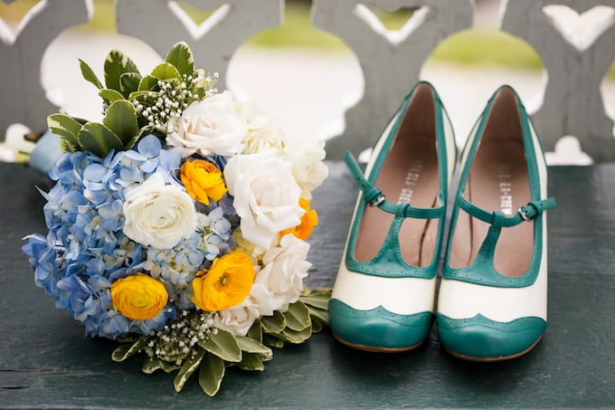 Green and white shoes with blue floral bouquet