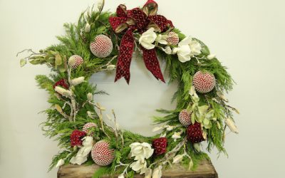 Red and Green Cedar Wreath Holiday Arrangement