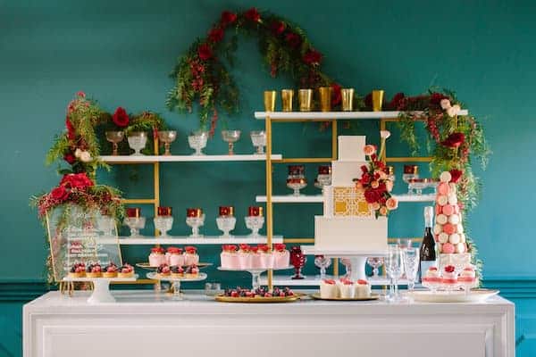 Hollywood Wedding, Glamorous, Bloomsbythebox dessert bar decorated with long greens