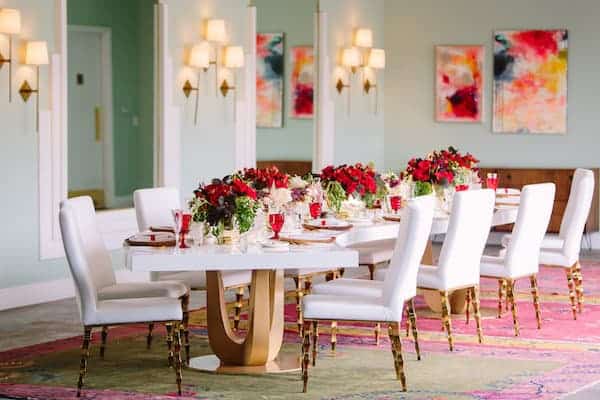 Hollywood Wedding, Glamorous, Bloomsbythebox long white table and chairs with gold accents
