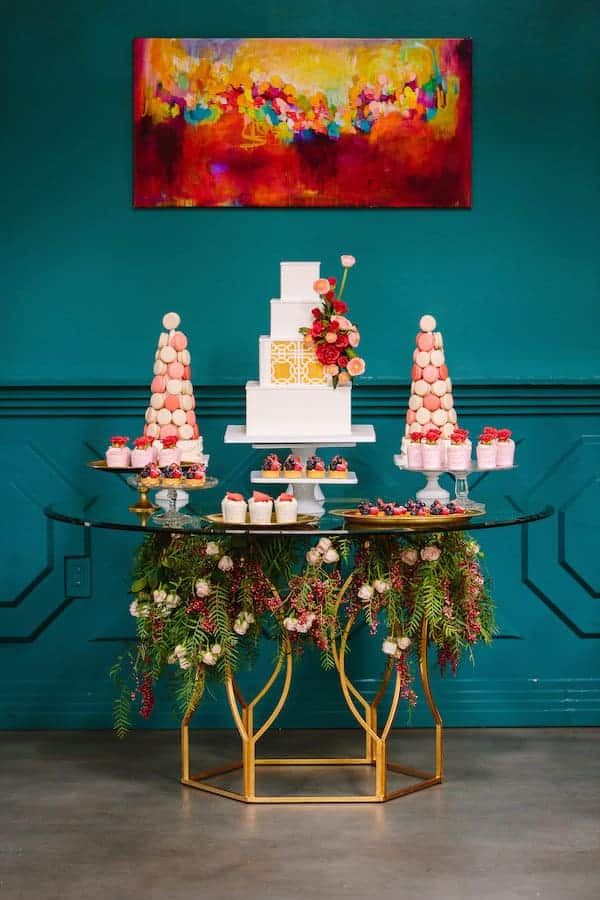Hollywood Wedding, Glamorous, Bloomsbythebox dessert table with colorful items dressed with long greens