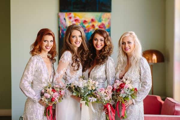 Hollywood Wedding, Glamorous, Bloomsbythebox Bride and three bridesmaids in silver dresses holding bouquets