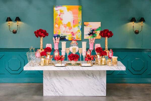 Hollywood Wedding, Glamorous, Bloomsbythebox marble table with red flowers in gold containers