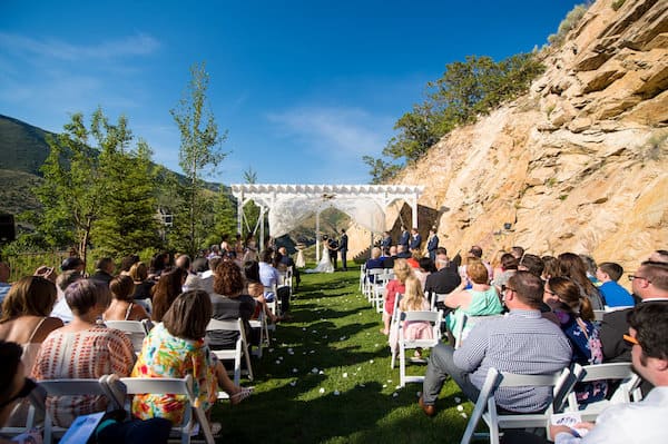 outdoor wedding scene with seated guests 