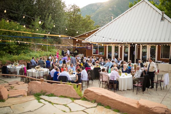 outdoor wedding reception with string lights and guests at tables