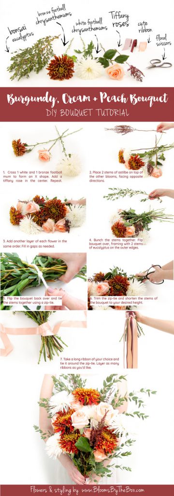 burgundy, cream and peach bouquet steps collage