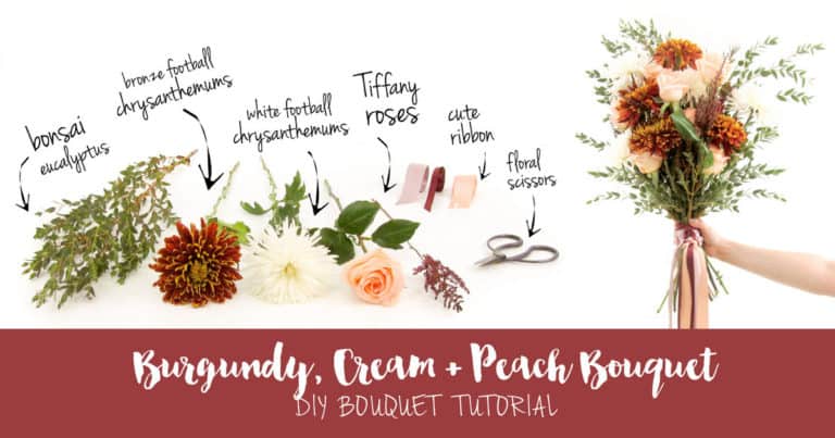 Flowers of the burgundy, cream and peach bouquet tutorial laid out