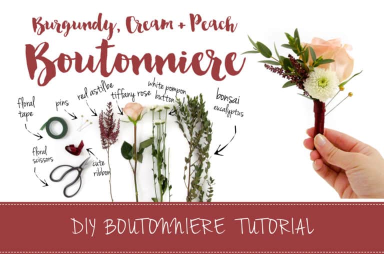 Burgundy and Cream DIY Wedding Boutonniere Tutorial featured on Confetti Daydreams