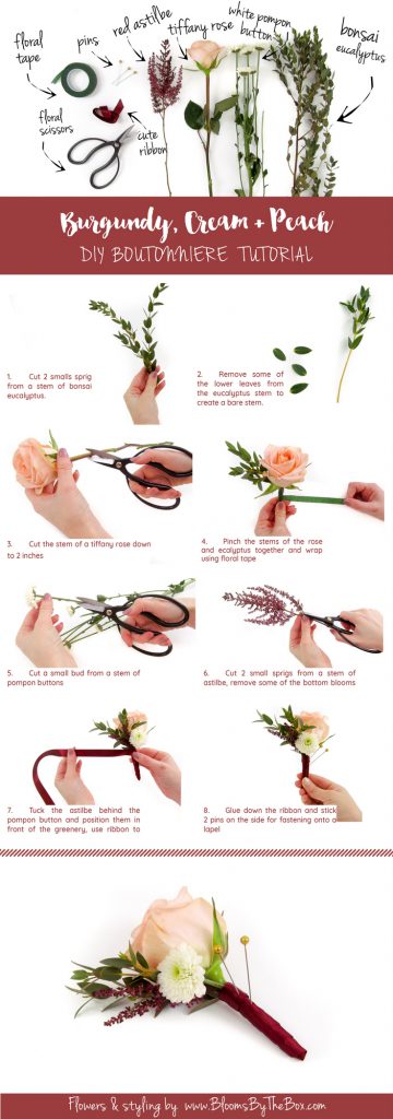 Burgundy cream and peach boutonniere tutorial step by step