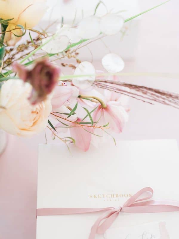 flowers with the word sketchbook and a pink bow in the background