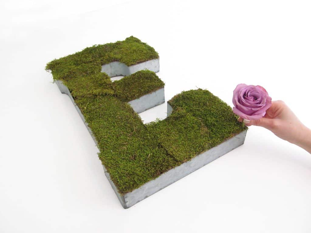 finished moss covered letter E with purple rose flower