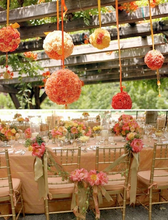 hanging orange peach and white pomanders