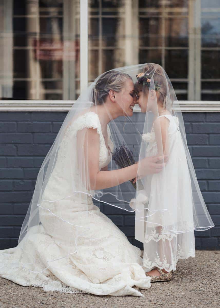 bride and flower girl touching heads under brides vail