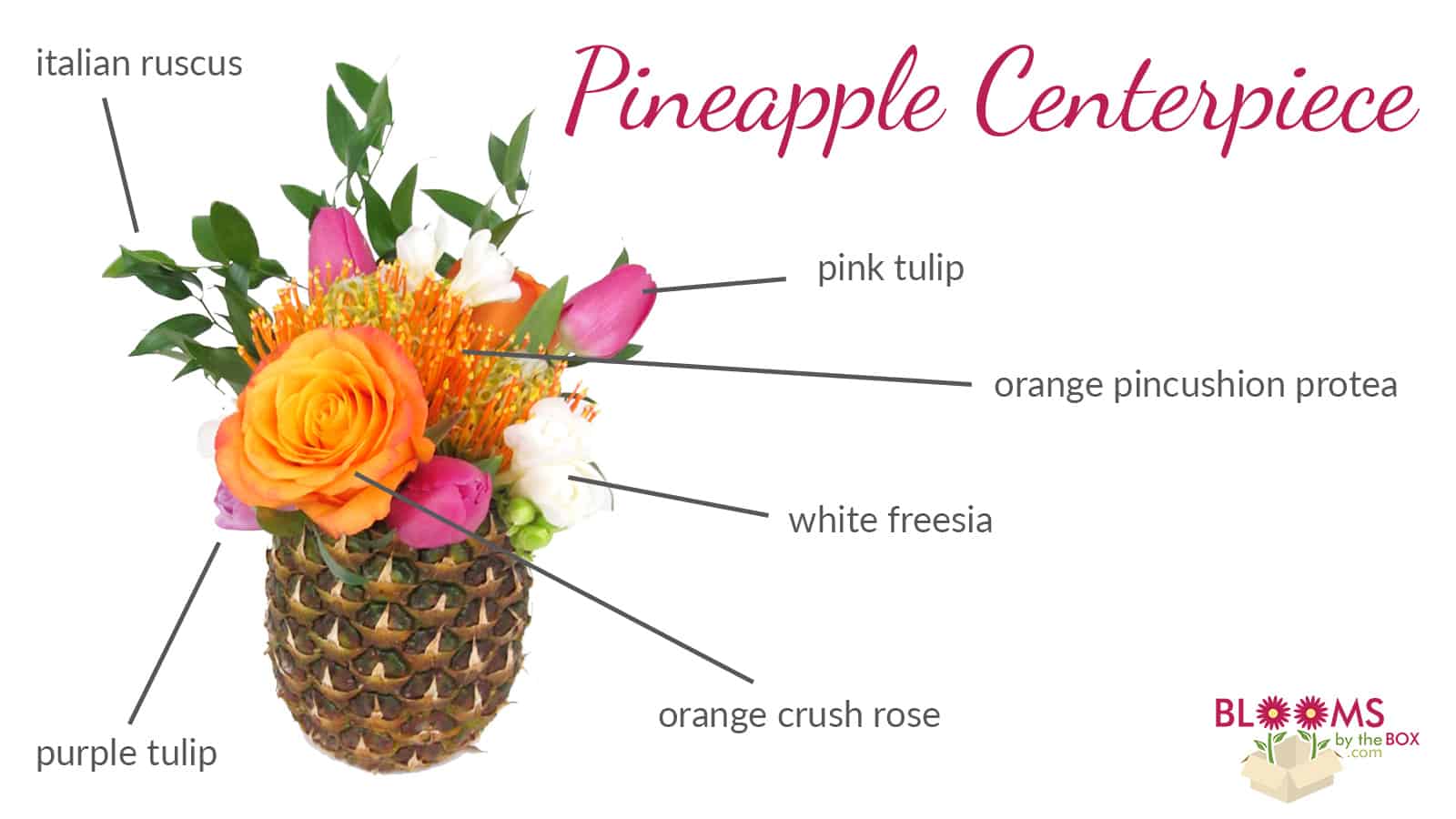 Orange crush rose, pincushion protea, pink and lavender tulips, white Freesia, Italian Ruscus