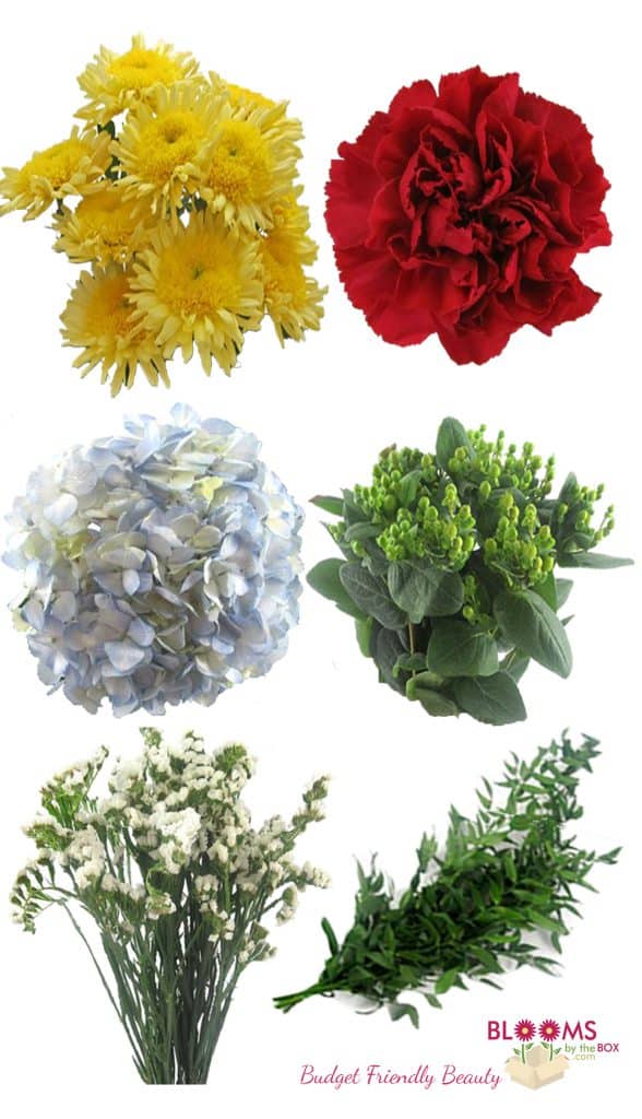 Red carnations, yellow mum, hydrangea, green hypericum, white statice and Italian green ruscus