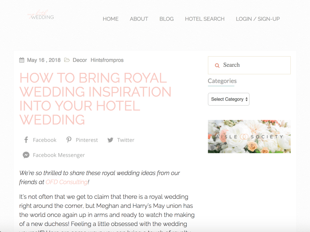 screenshot of my hotel wedding website