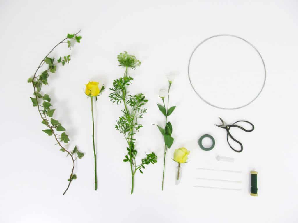 DIY floral hoop supplies needed laid out