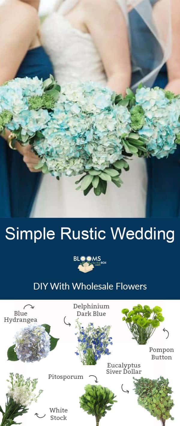 Romantic Rustic Wedding floral arrangement with blue hydrangea, delphinium dark blue and filler flowers