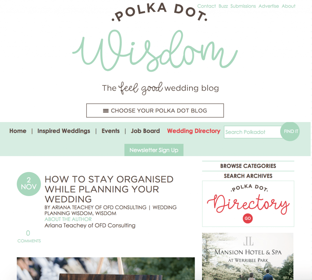 screenshot of polka dot wedding website