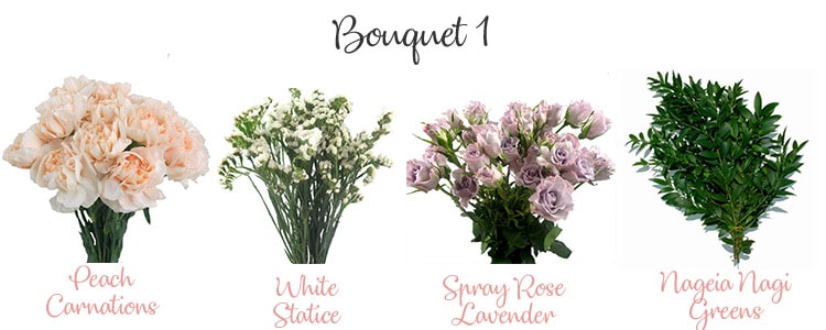 Get crafty for Mother's Day. Bouquet 1 with peach carnations, white statice, spray rose lavender with greens