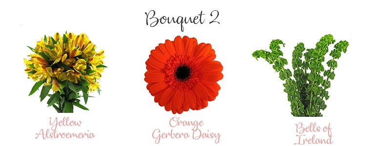 Bouquet 2 with yellow alstromeria, orange gerbera daisy, and bells of Ireland 