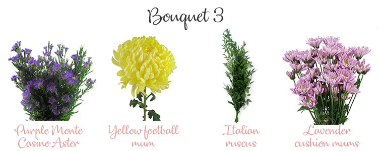 Bouquet 3 with purple Monte Casino Aster, yellow football mum, Italian Ruscus, and Lavender mums