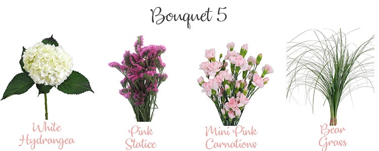 White Hydrangea, Pink Statice, Mini Pink Carnations and Bear Grass