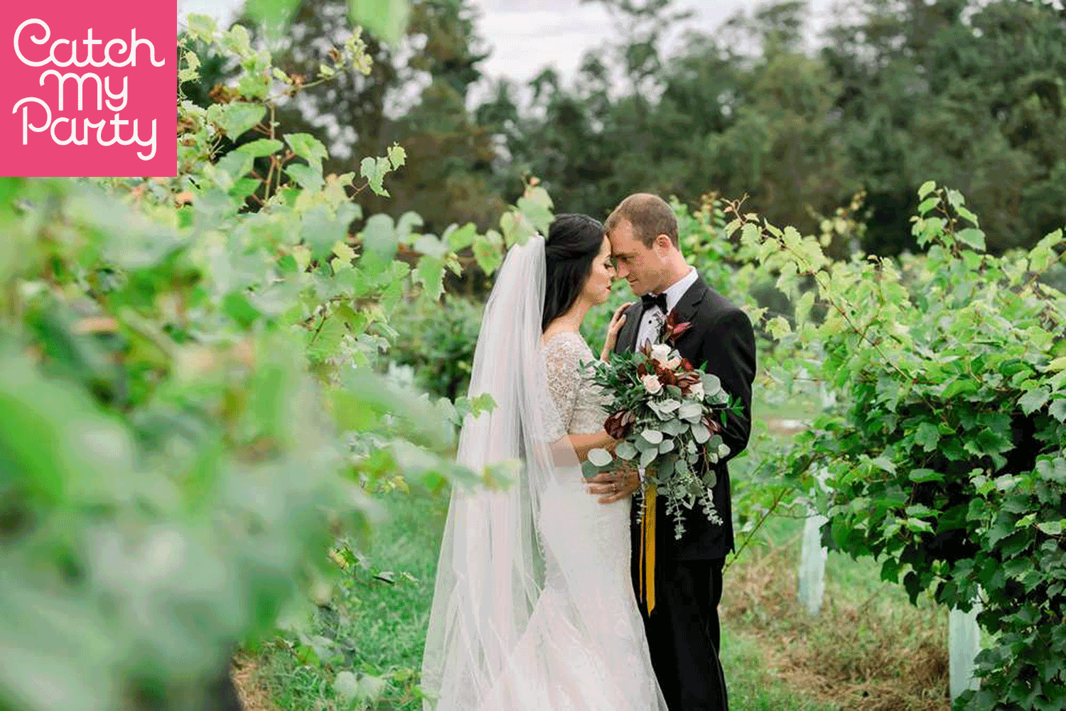 bride and groom in vineyard setting embracing