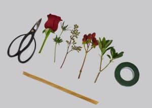 DIY Grooms & Groomsmen Boutonniere supplies red freedom rose, pittosporum, floral tape and filler flowers