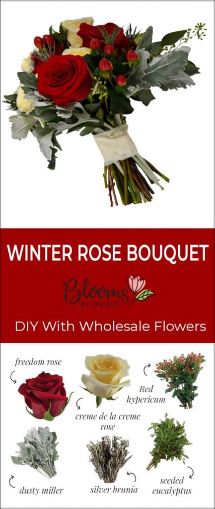 DIY Winter Rose Bouquet with Red Hypericum, seeded eucalyptus, creme de la creme rose, silver brunia, dusty miller and freedom rose