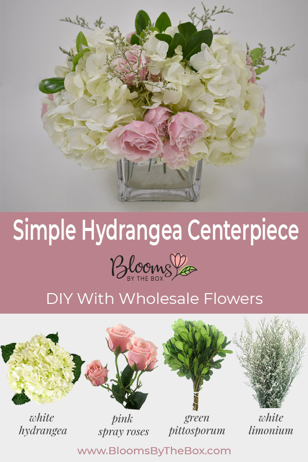 Blooms by the Box simple Hydrangea Centerpiece - White Hydrangea, pink spray roses, green pittosporum and white limonium