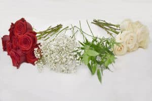 DIY Simple Rose Centerpiece Supplies - Red roses, cream Vendela, Italian Ruscus, Baby breath and cylinder glass vase