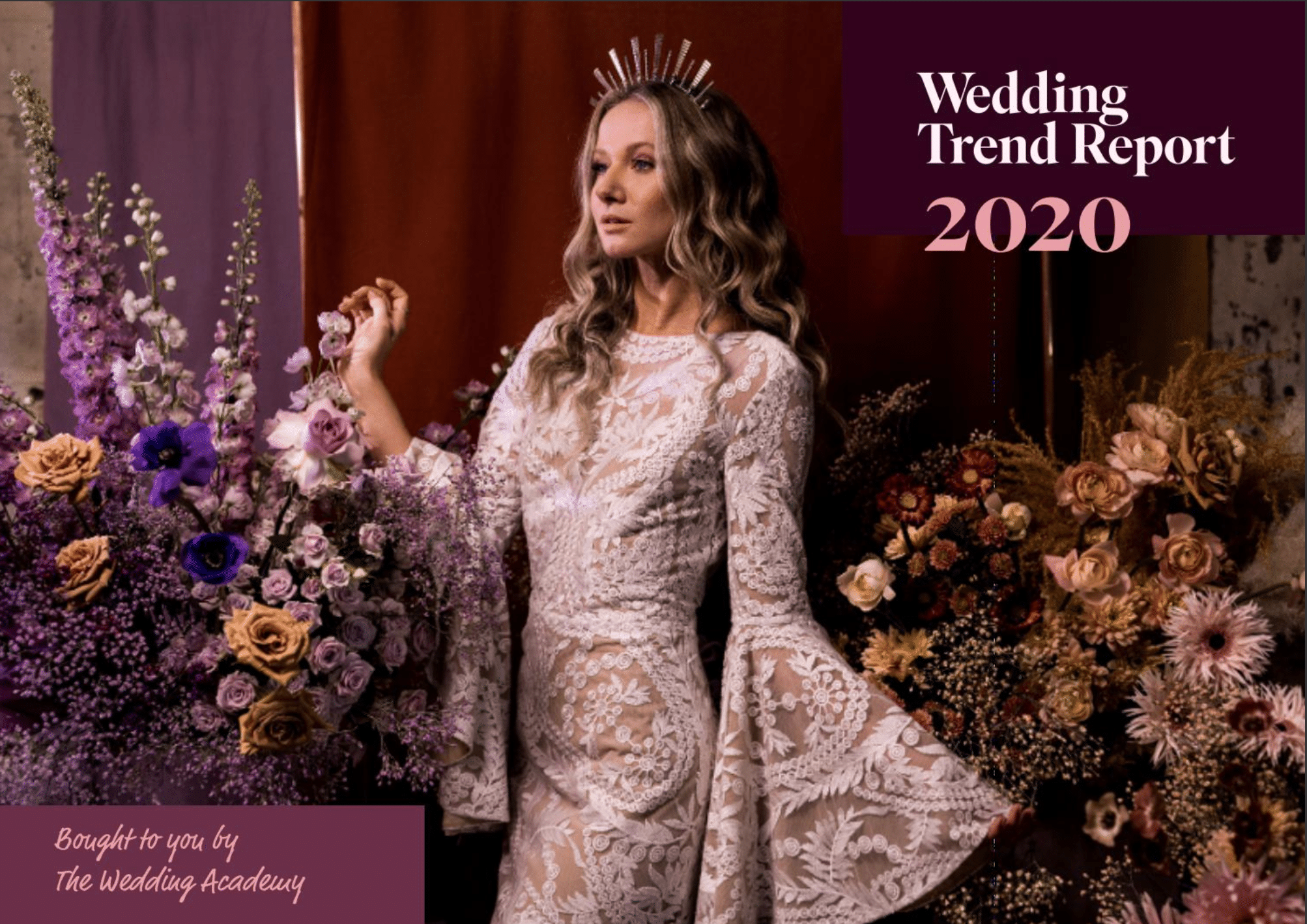 Woman in white dress surrounded by flowers wearing a crown with the words wedding trend report 2020