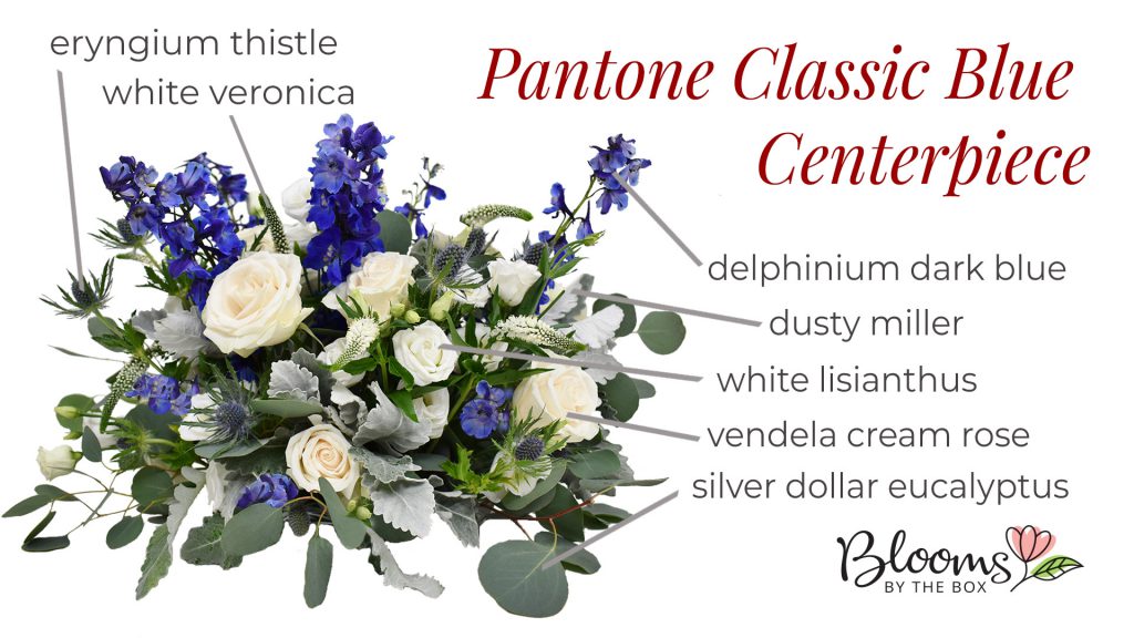 Pantone Classic Blue Centerpiece - delphinium dark blue, dusty miller, vendela cream rose, silver dollar eucalyptus, white veronica, lisianthus and eryngium thistle