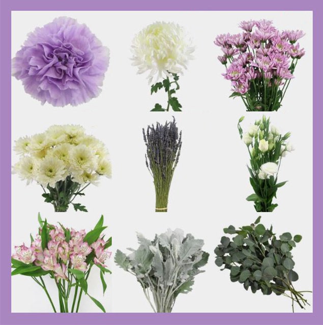 Blooms board purple, white and pink flowers