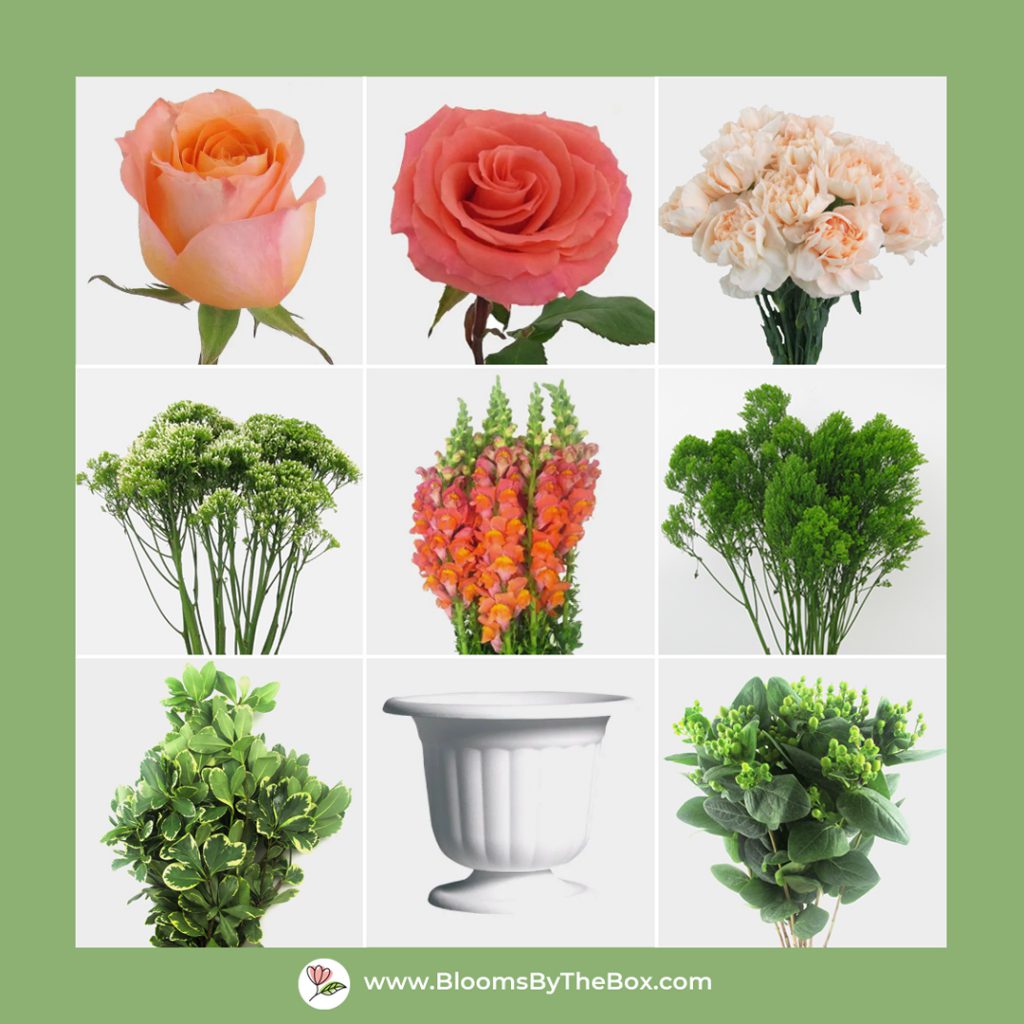 Various pink, white and green flowers