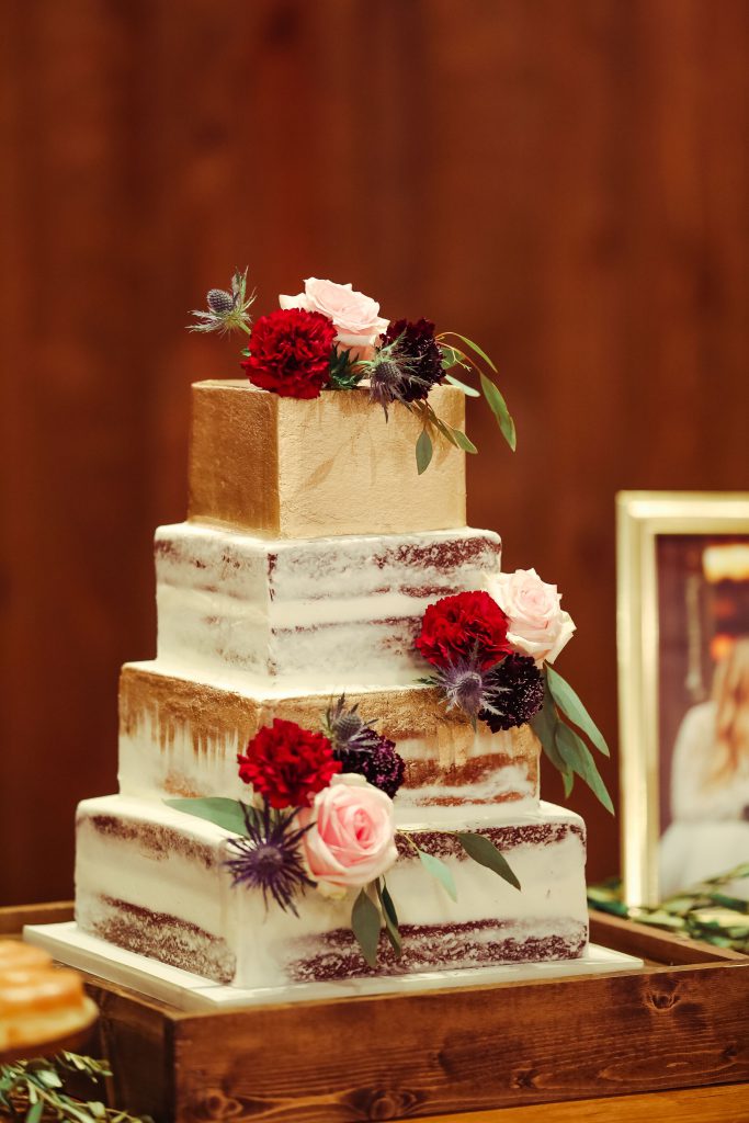 Square cake decorated with flowers
