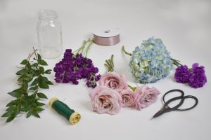 DIY Aisle Chair Flowers Supplies -Scissors, ribbon, mason jar, floral tape and flowers