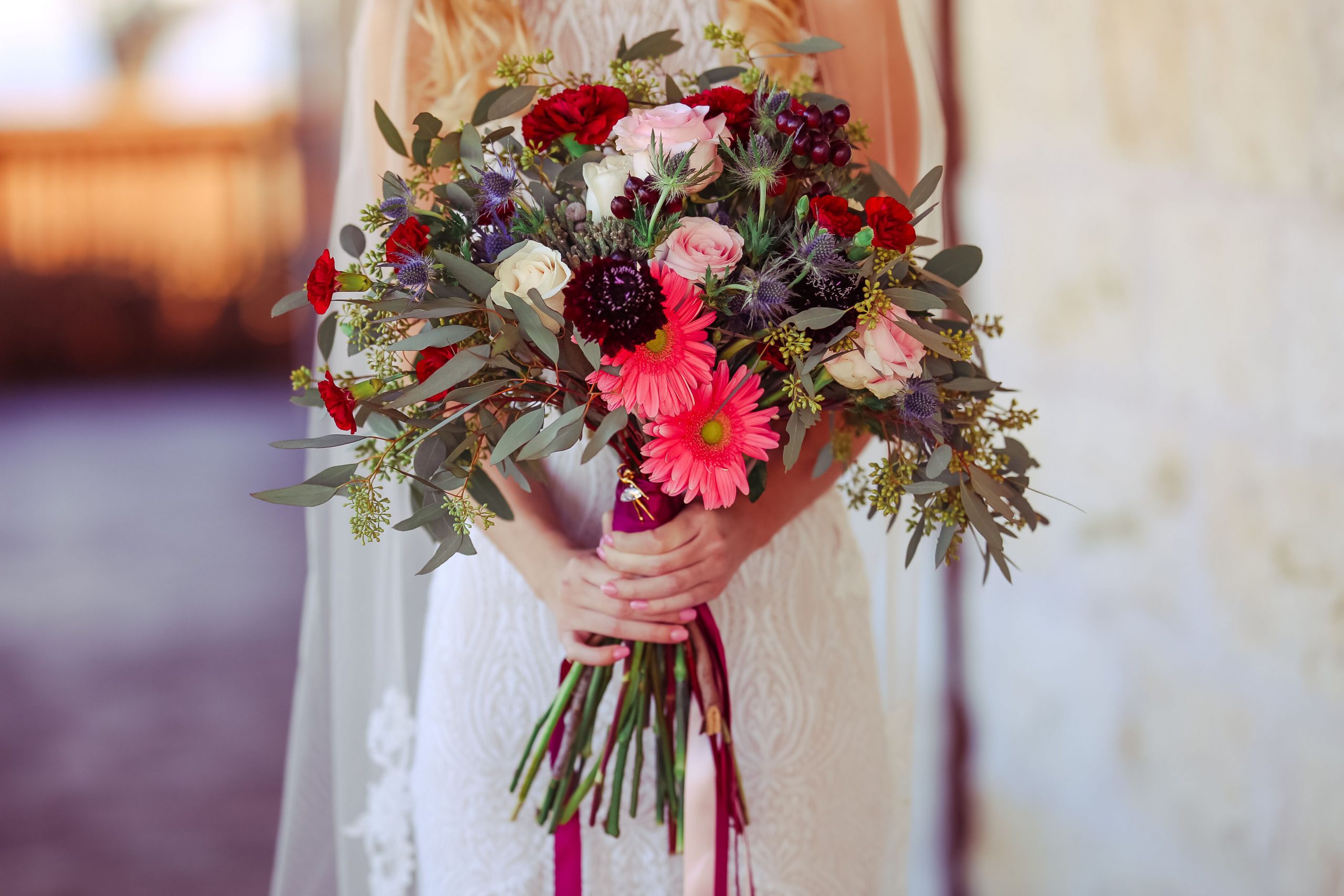 Pink, purple, red and peach Gerber Daisies bouquet