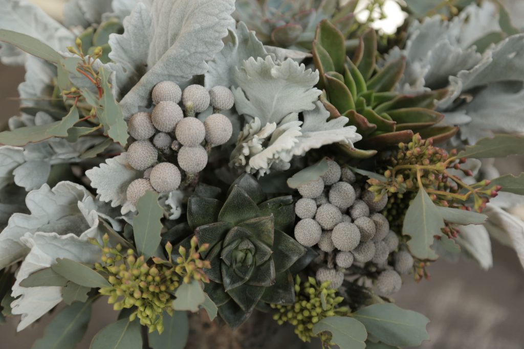 Winter greenery grey blue flowers