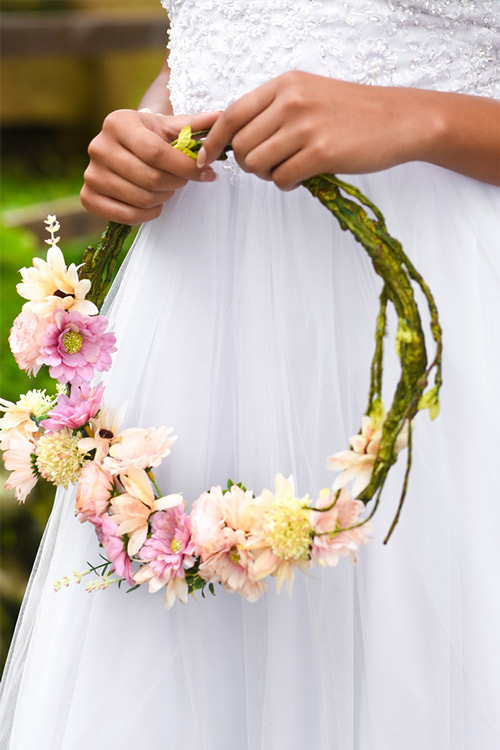Wreath with peach and pink flowers