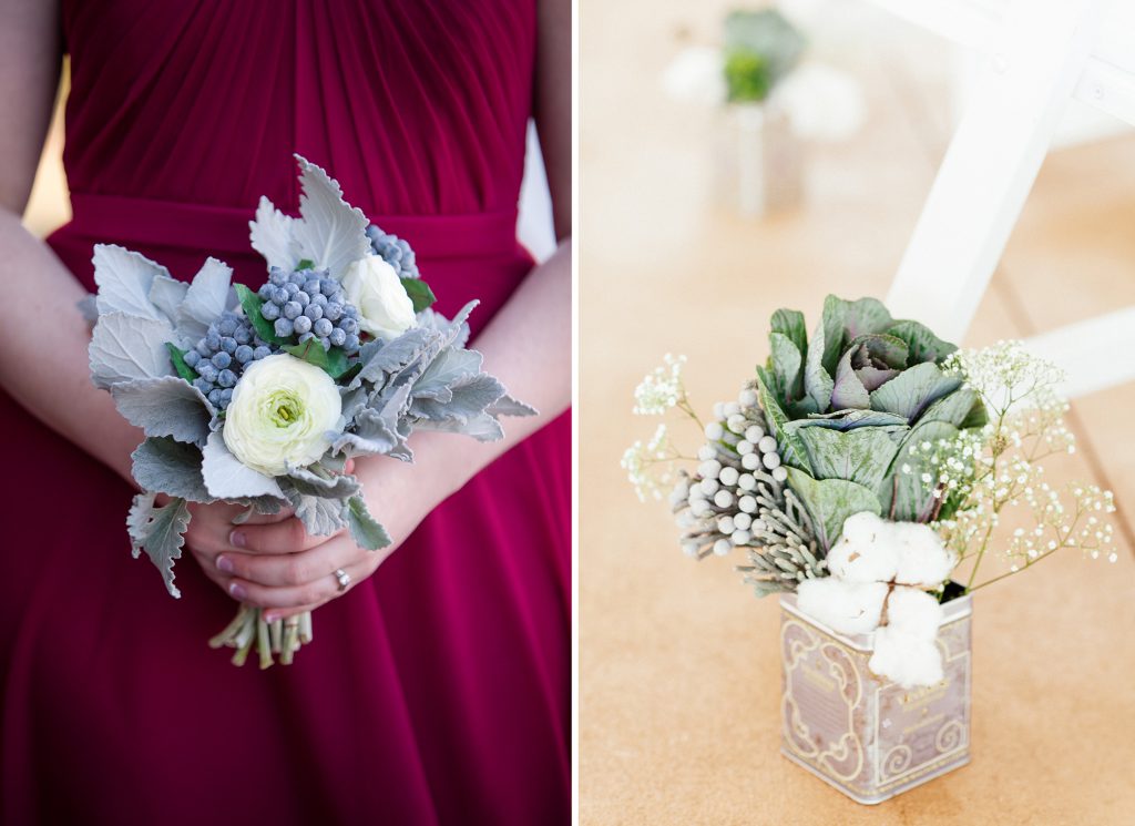 grey flowers in a bouquet and table setting