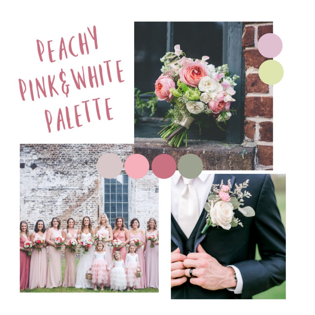 Peach, pink and white flowers, group of bridesmaids, tuxedo jacket with pink and white boutonniere