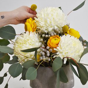 floral foam with eucalyptus branch, football mums, billy balls, silver brunia, dusty miller and ranunculus