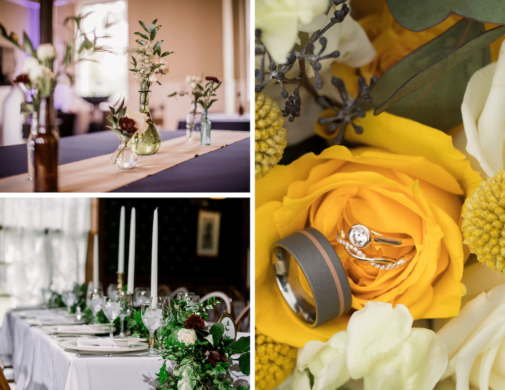 Fall Wedding Inspiration wedding rings with place setting and flowers in a mason jar
