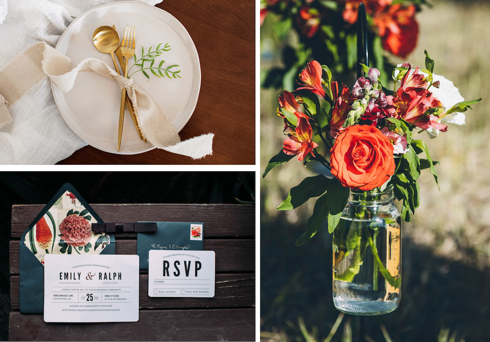 Fall Wedding Inspiration wedding invitations with place setting and flowers in a mason jar