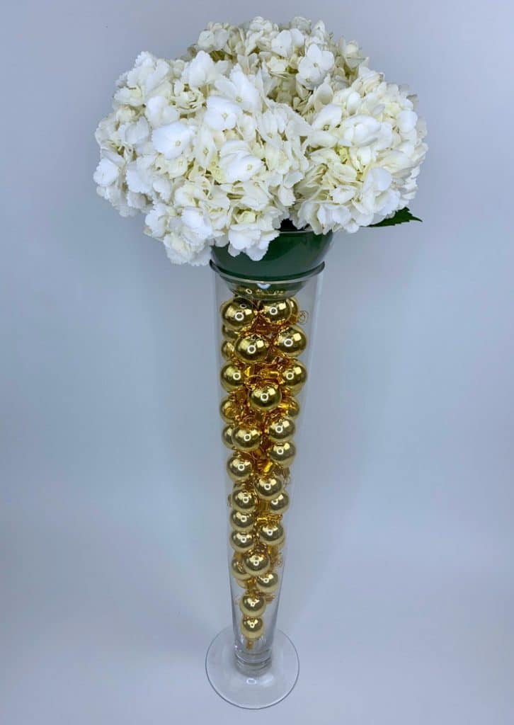 white hydrangeas in floral foam